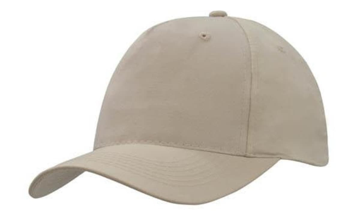A breathable poly twill cap in a light beige colour, featuring a curved brim and a logo.