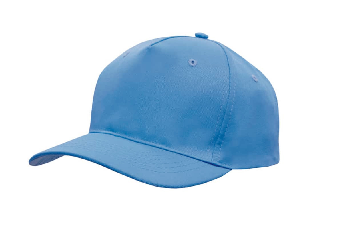 A blue breathable poly twill cap featuring a curved brim and ventilation eyelets, with a logo on the front.