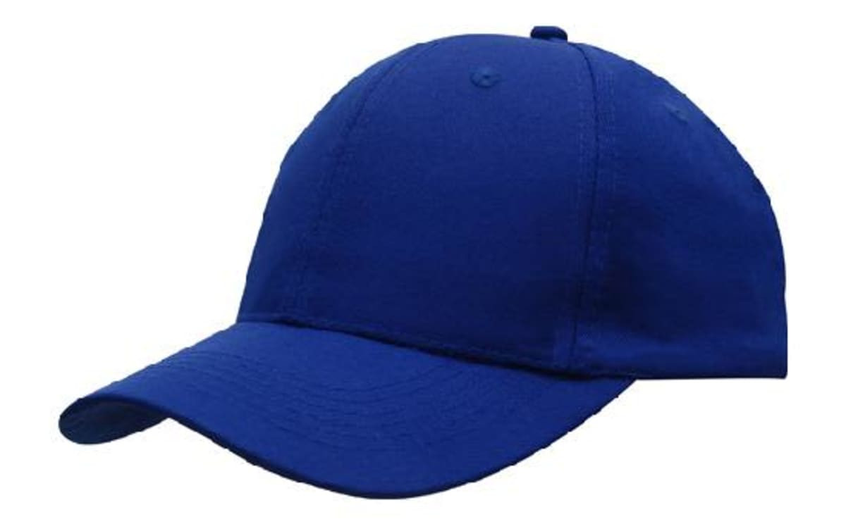 A blue breathable poly twill cap featuring a solid design and a curved brim. It has a logo on it.