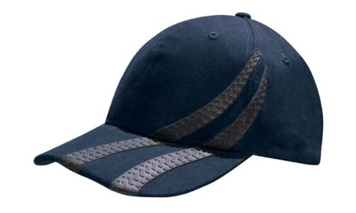 A navy cap featuring tyre track designs on the front panels. It has a logo on it as well.
