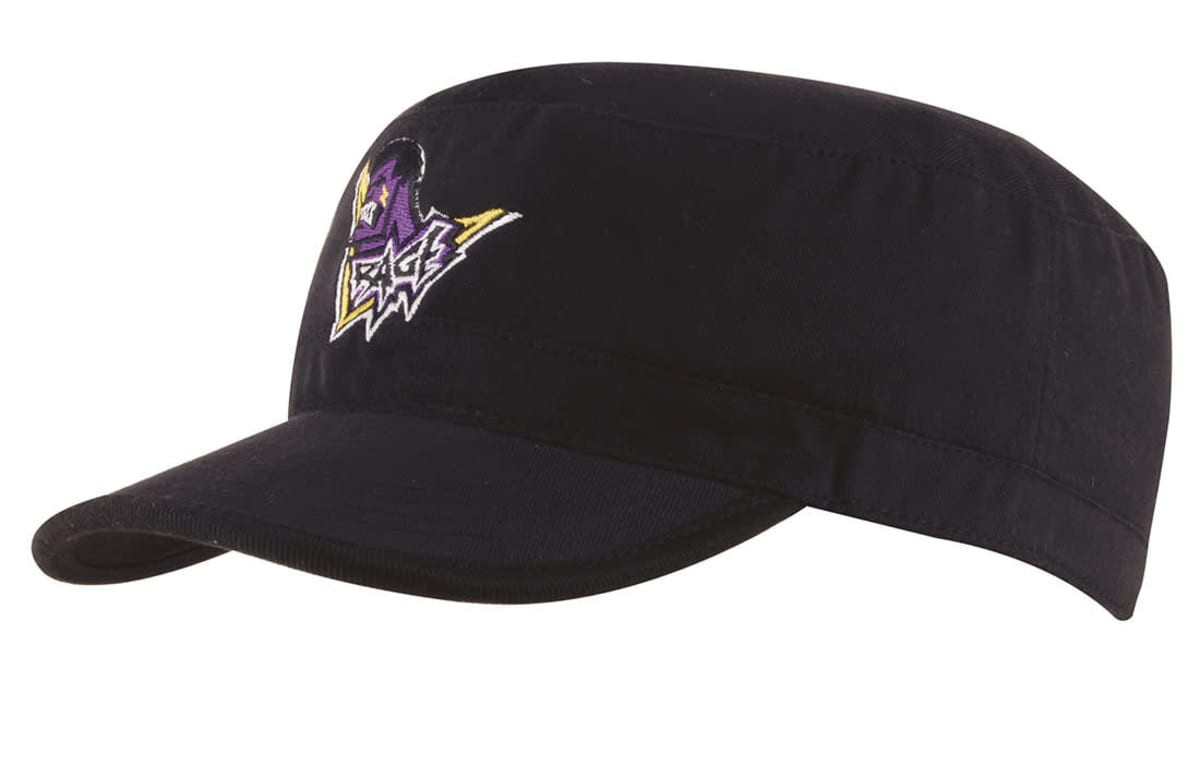 A black military cap with a flat brim and a logo on the front.