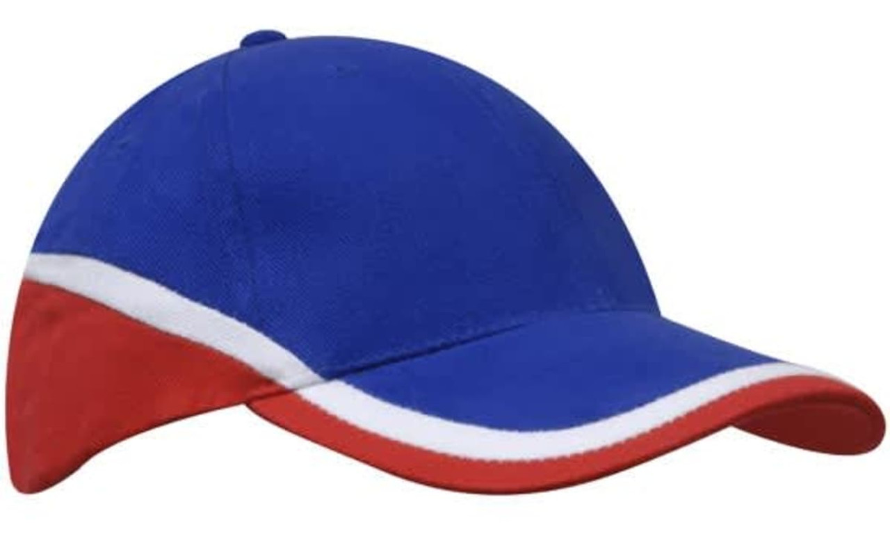 A tri-coloured cap featuring blue, red, and white panels, with a logo on the front.