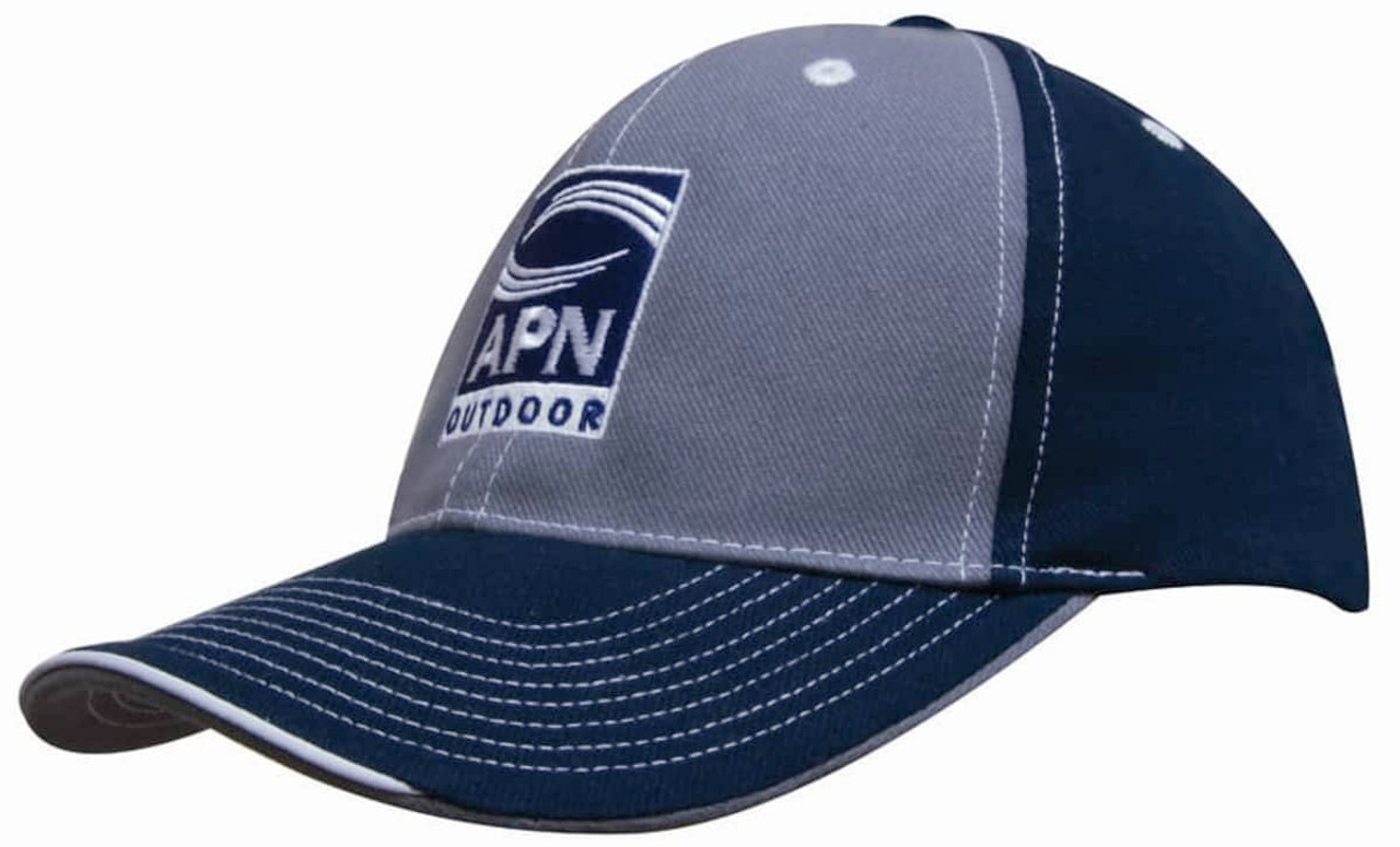 A two-tone cap featuring grey and navy panels, contrasting stitching, and a logo on the front.