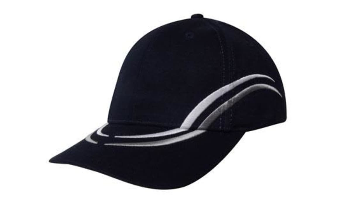 A black cap with curved white embroidery on the crown and peak, featuring a logo.