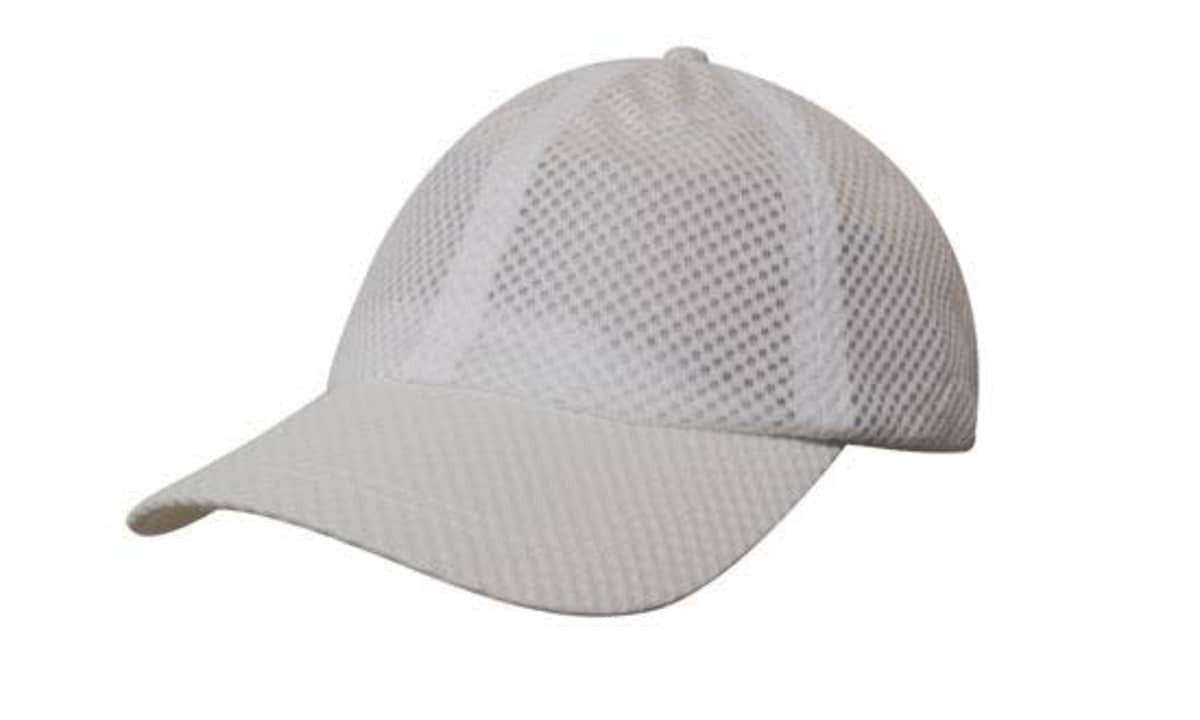 A white mesh cap featuring a curved brim and a logo. Designed for breathability and comfort.