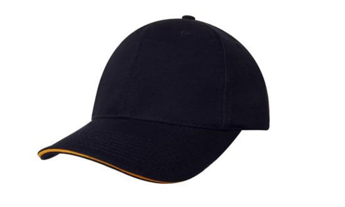 A navy cap featuring sandwich trim in yellow, designed for promotional headwear with a logo.