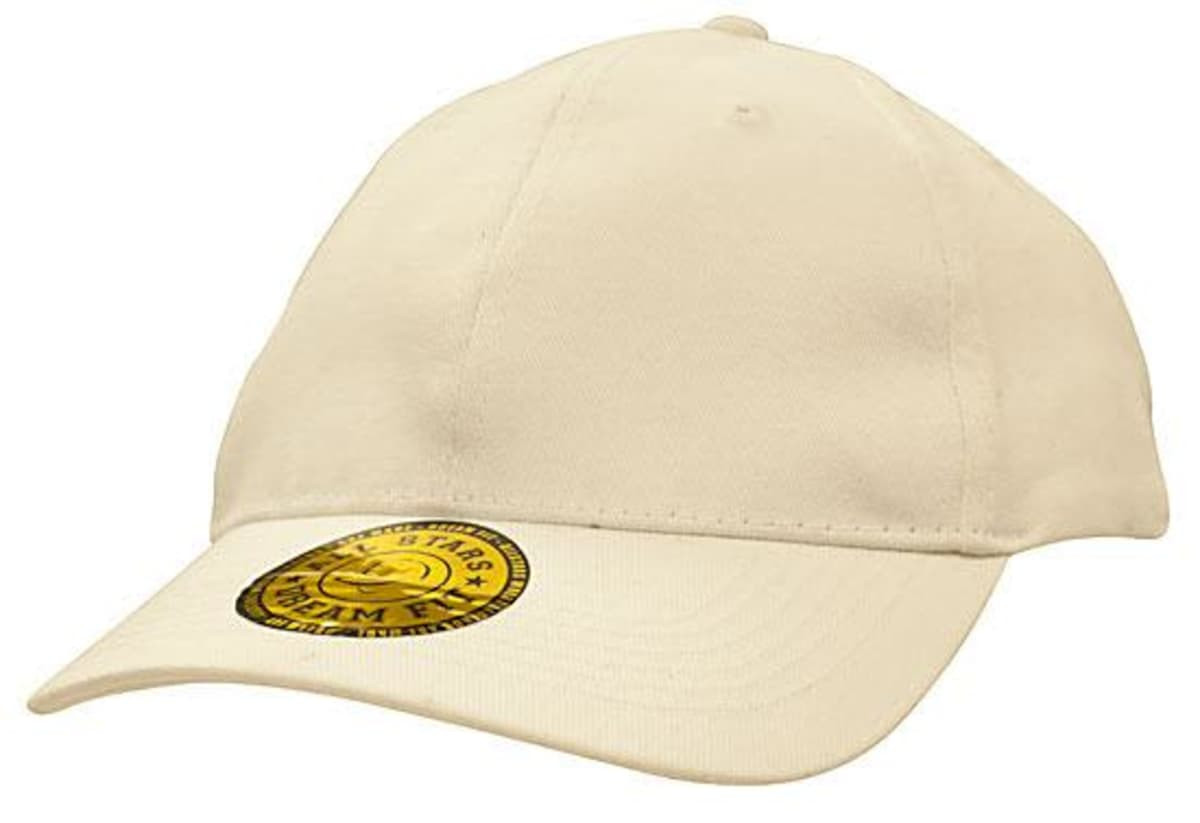A light cream cap with a curved brim and a logo on the front. Made from brushed heavy cotton and spandex.