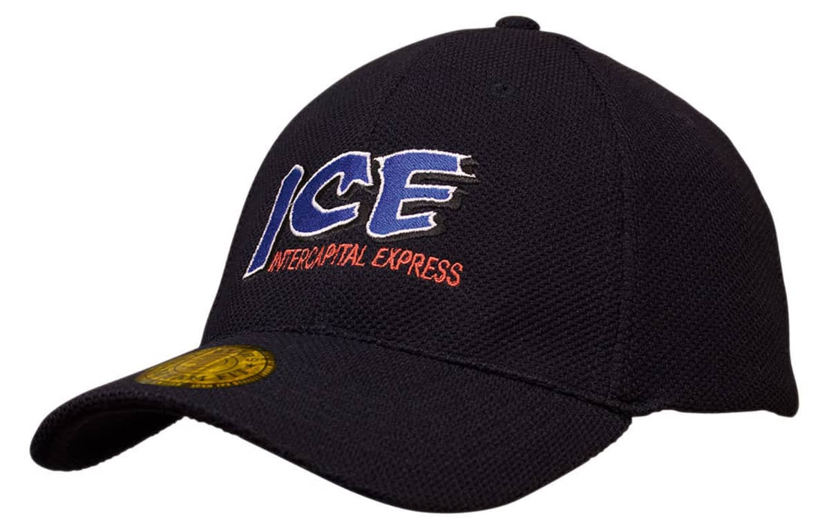 A black cap featuring an embroidered logo with blue and red text. It has a fitted design and textured mesh fabric.
