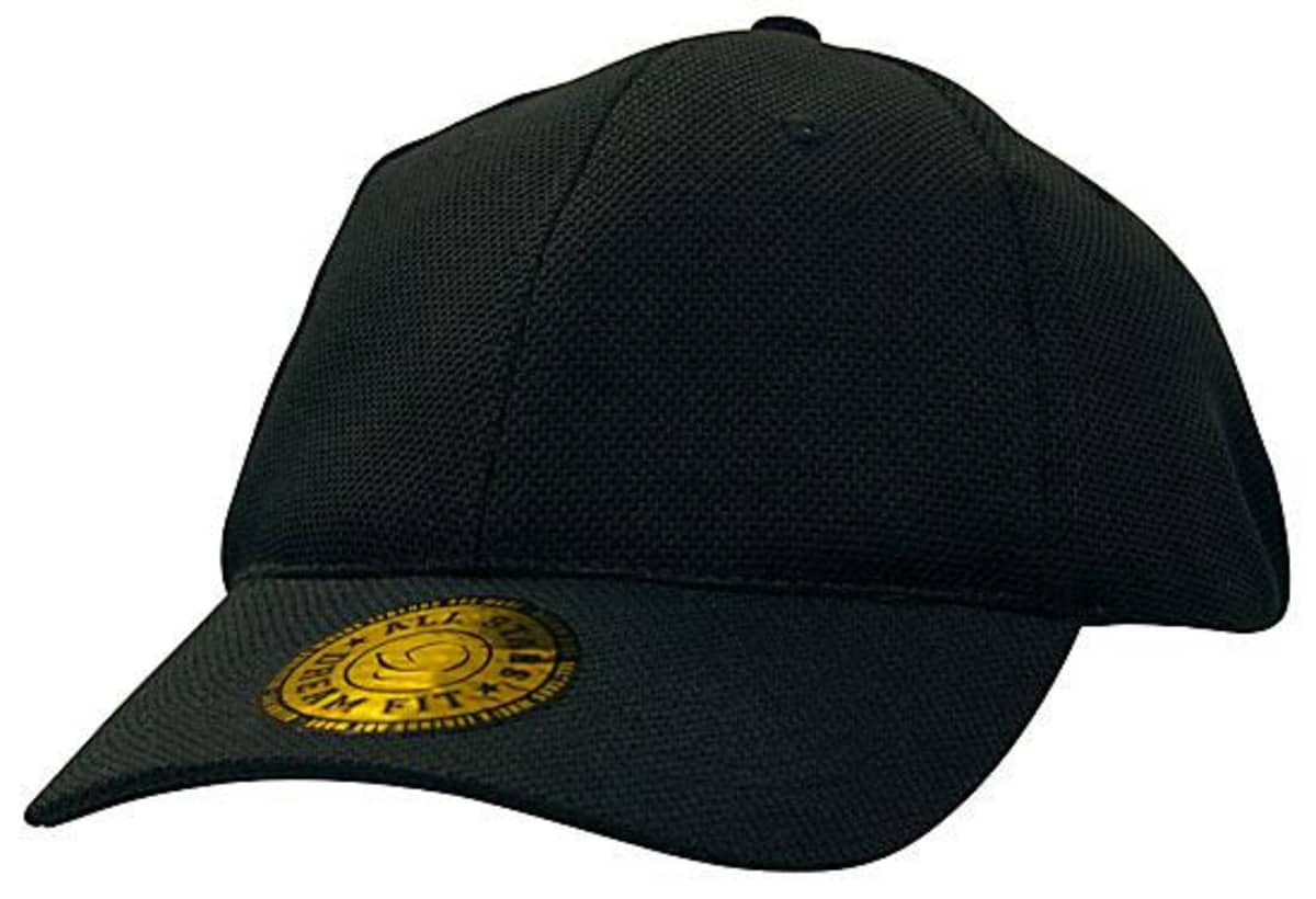 A black cap featuring double pique mesh fabric and dream fit styling, with a logo on the front.