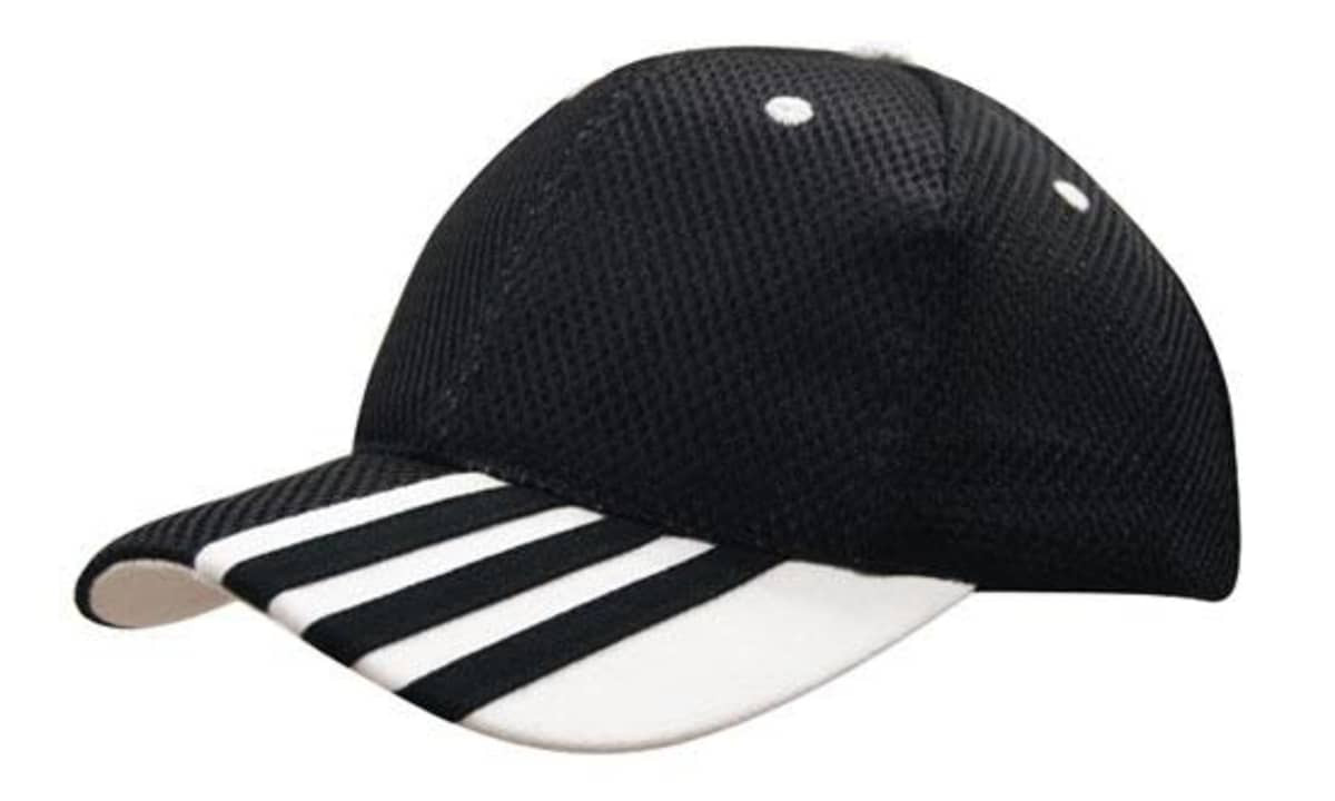 A black cap with a mesh design and white stripe detailing on the peak, featuring a logo on the front.