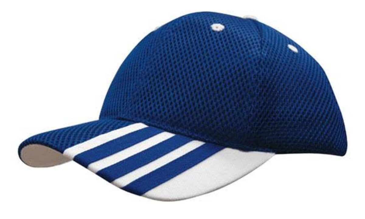 A blue mesh cap with white striping on the peak and a logo on the side.