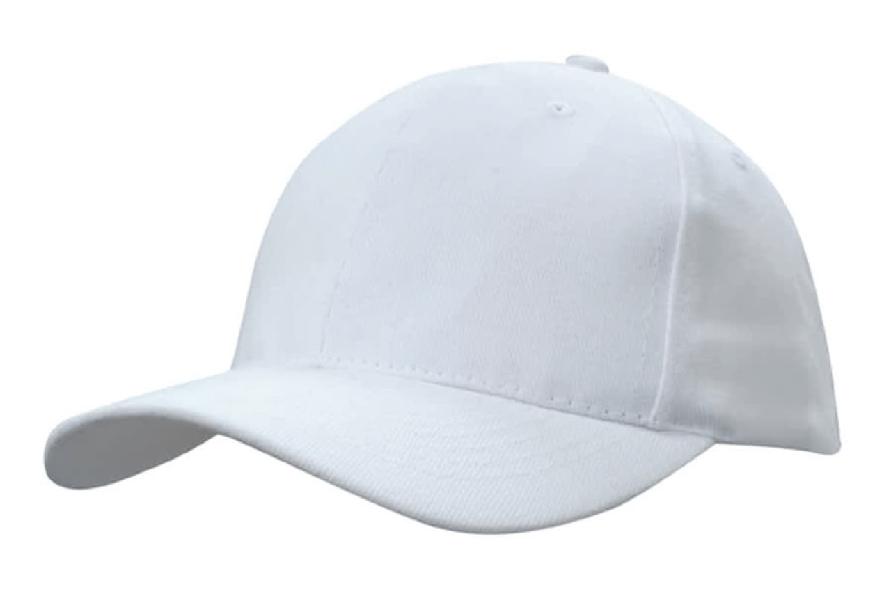 A white cap made of brushed heavy cotton features a snapback closure and has a logo displayed.