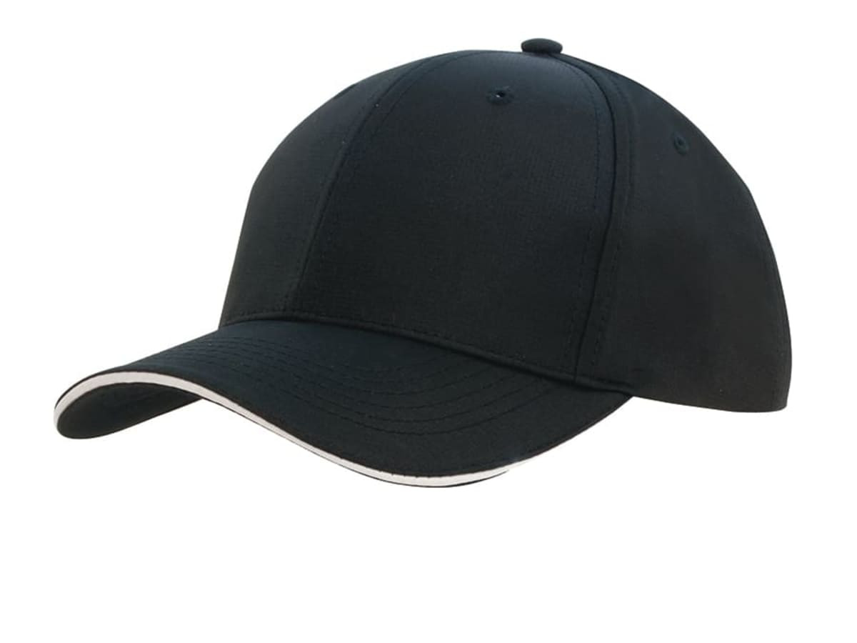 A black sports cap with sandwich trim and a logo, featuring a classic curved brim design.