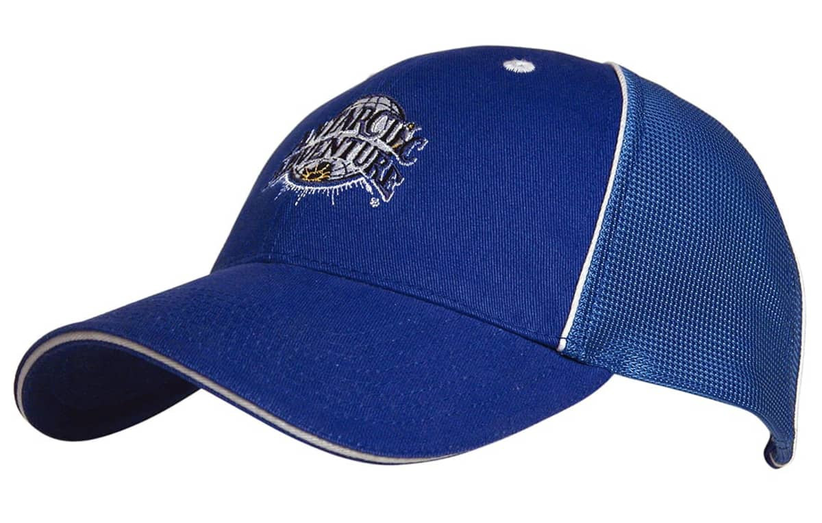 A blue cap featuring a mesh back and a logo on the front, designed for promotional use.