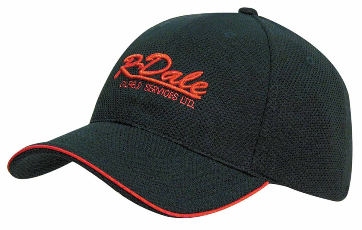 A black cap with a mesh design and red accents, featuring a logo on the front.