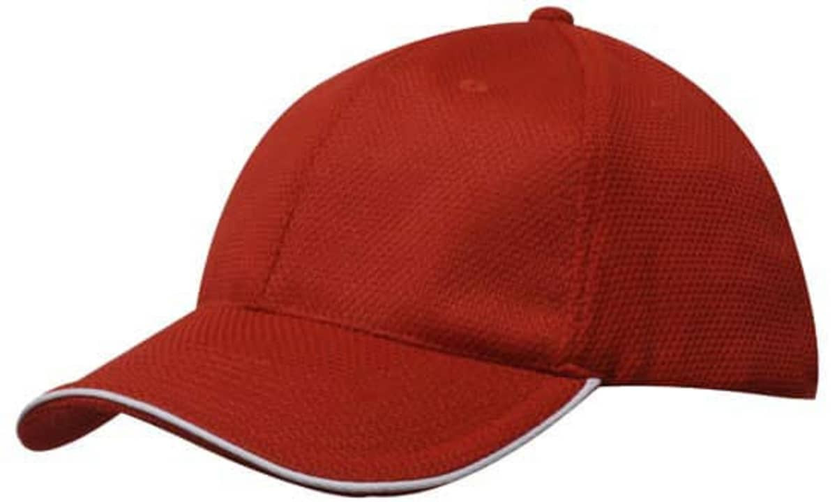 A red cap with a textured mesh design and contrasting trim. It features a logo on the front.