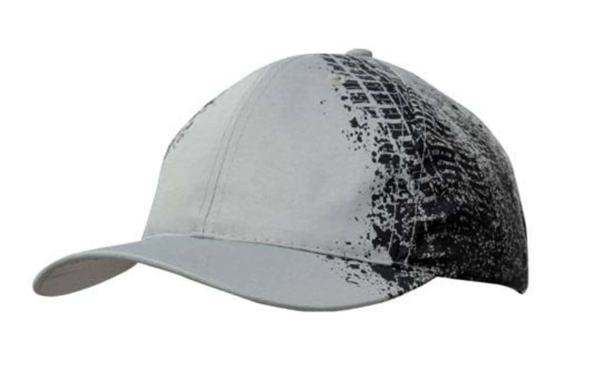 A grey cap featuring a tire print design. It has a curved brim and a branded logo.