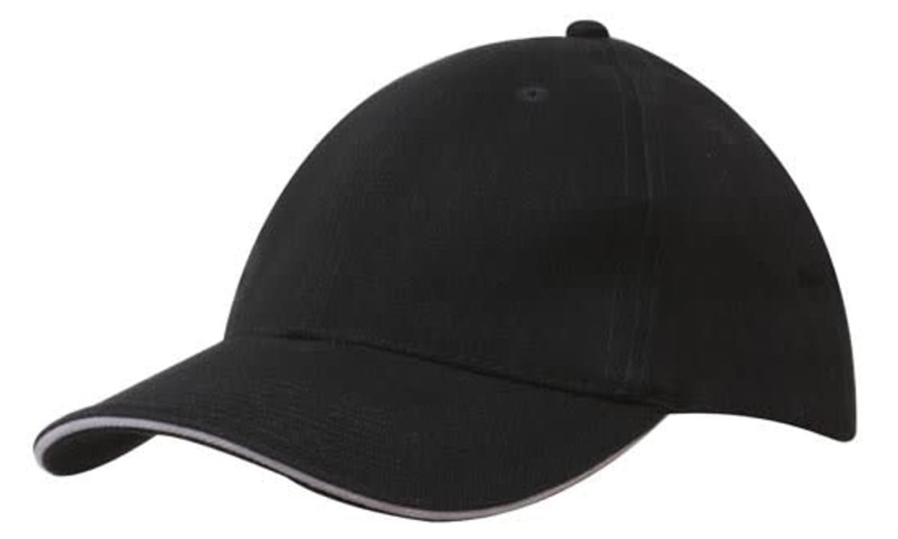 A black brushed heavy cotton cap featuring sandwich trim and a logo. Suitable for casual wear or events. A black brushed heavy cotton cap featuring sandwich trim and a logo. Suitable for casual wear or events.