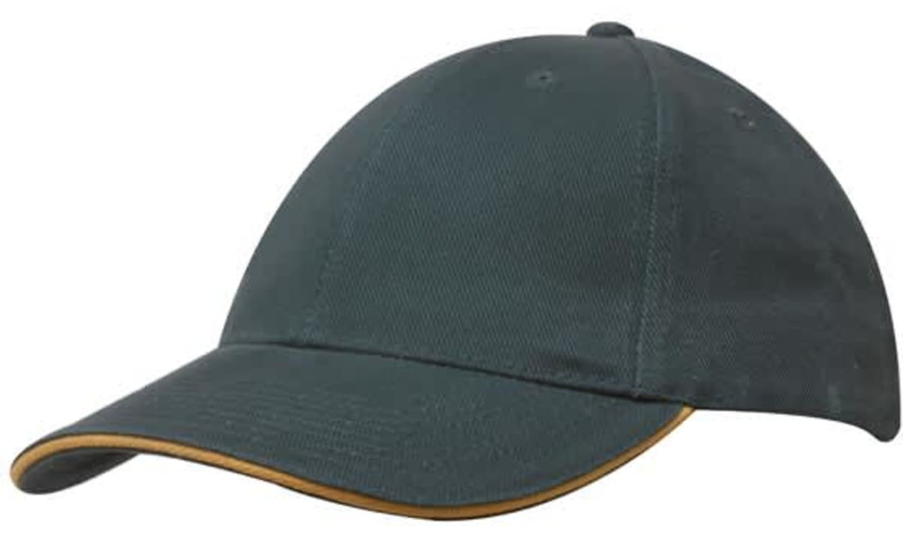 A dark green cap featuring a sandwich trim in a contrasting colour and has a logo on the front. A dark green cap featuring a sandwich trim in a contrasting colour and has a logo on the front.