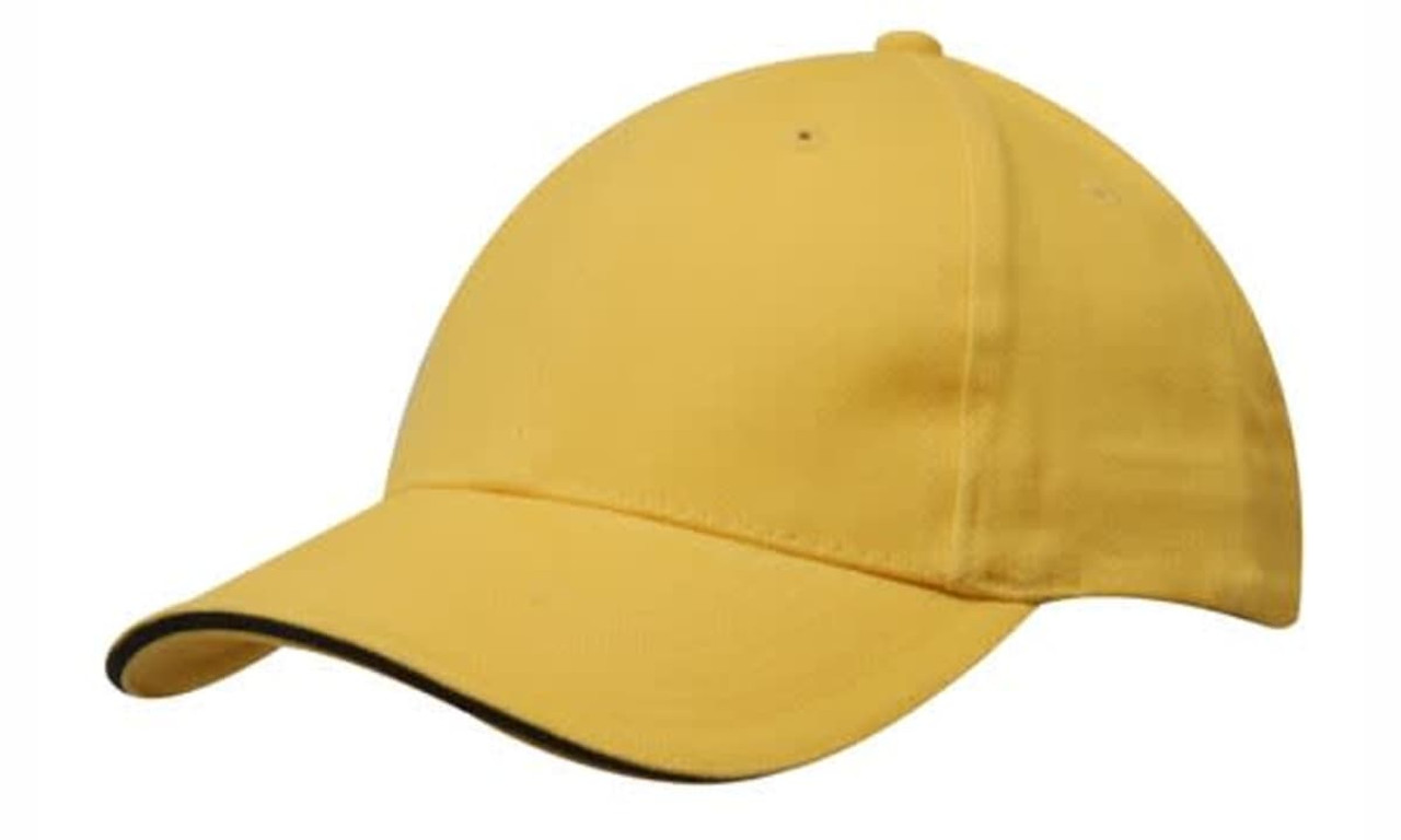 A yellow cap with a black sandwich trim and a curved peak, featuring a logo on the front. A yellow cap with a black sandwich trim and a curved peak, featuring a logo on the front.