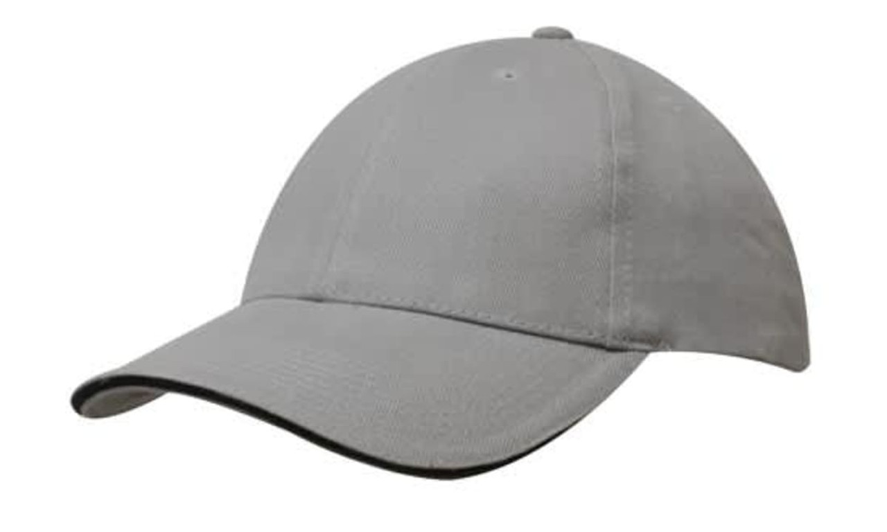 A grey brushed heavy cotton cap featuring a sandwich trim and a logo on the front. A grey brushed heavy cotton cap featuring a sandwich trim and a logo on the front.