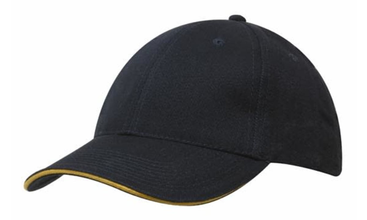 A black brushed heavy cotton cap with sandwich trim in gold, featuring a logo on the front. A black brushed heavy cotton cap with sandwich trim in gold, featuring a logo on the front.