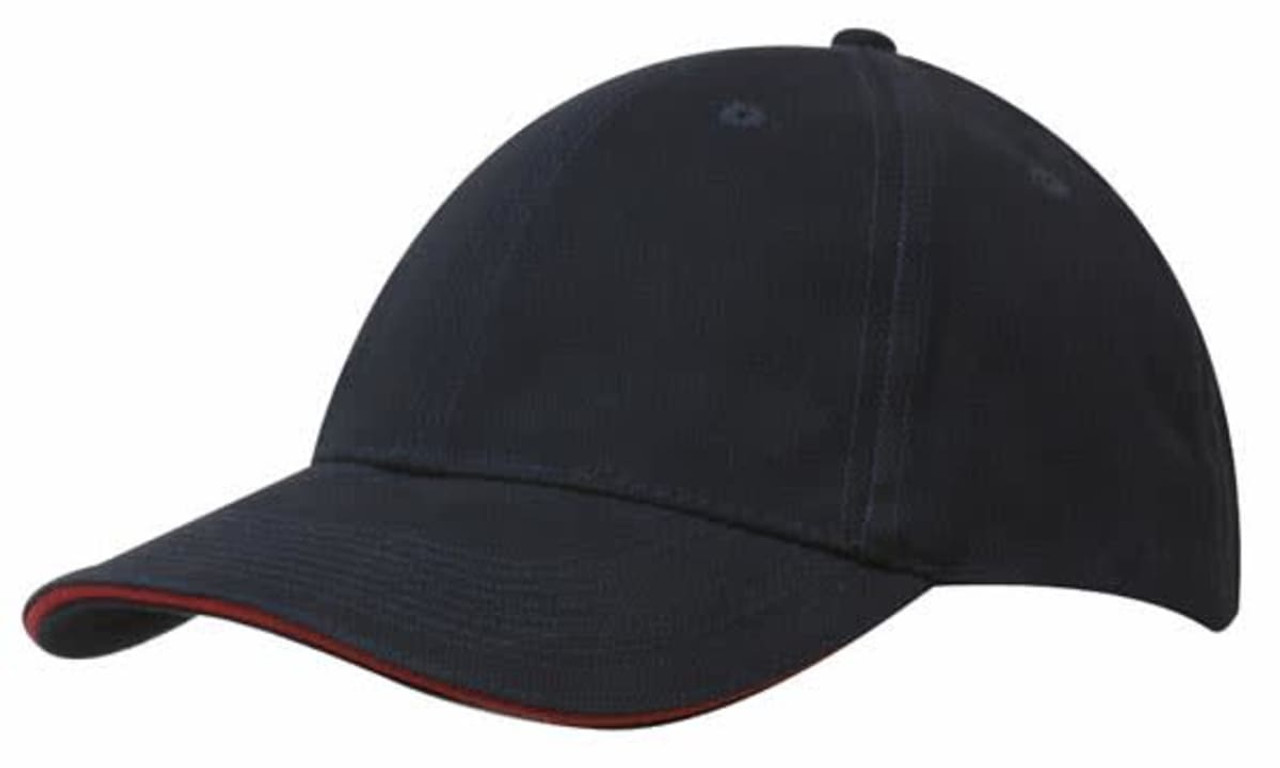 A navy brushed heavy cotton cap featuring a sandwich trim and a logo on the front. A navy brushed heavy cotton cap featuring a sandwich trim and a logo on the front.