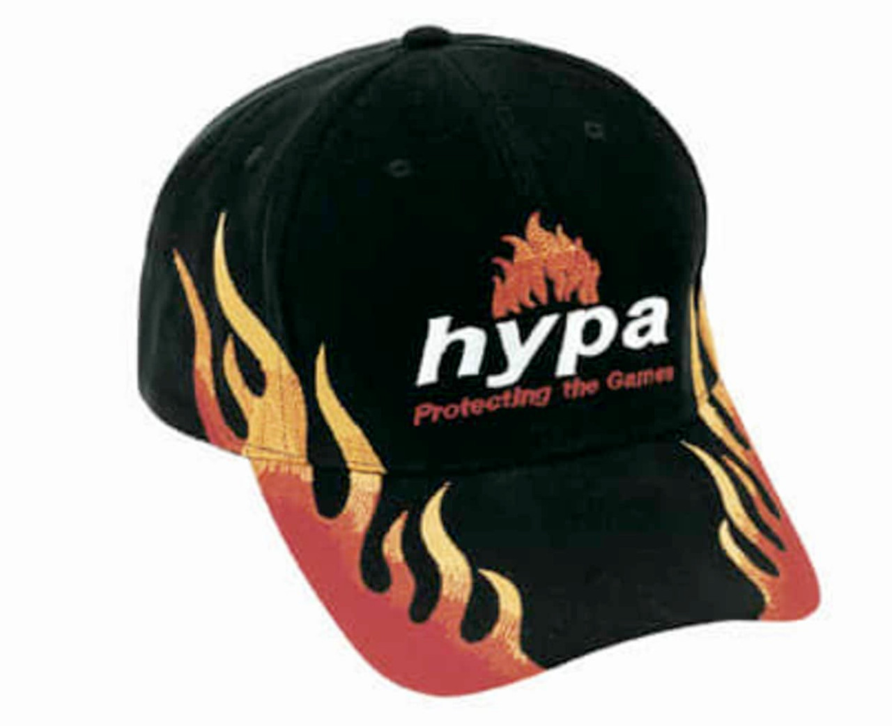 A black cap with double flame designs in red and yellow, featuring a logo on the front.