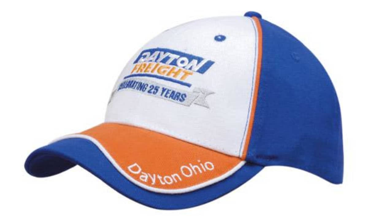 A cap featuring a blue and white design with contrasting orange piping and a logo on the front.