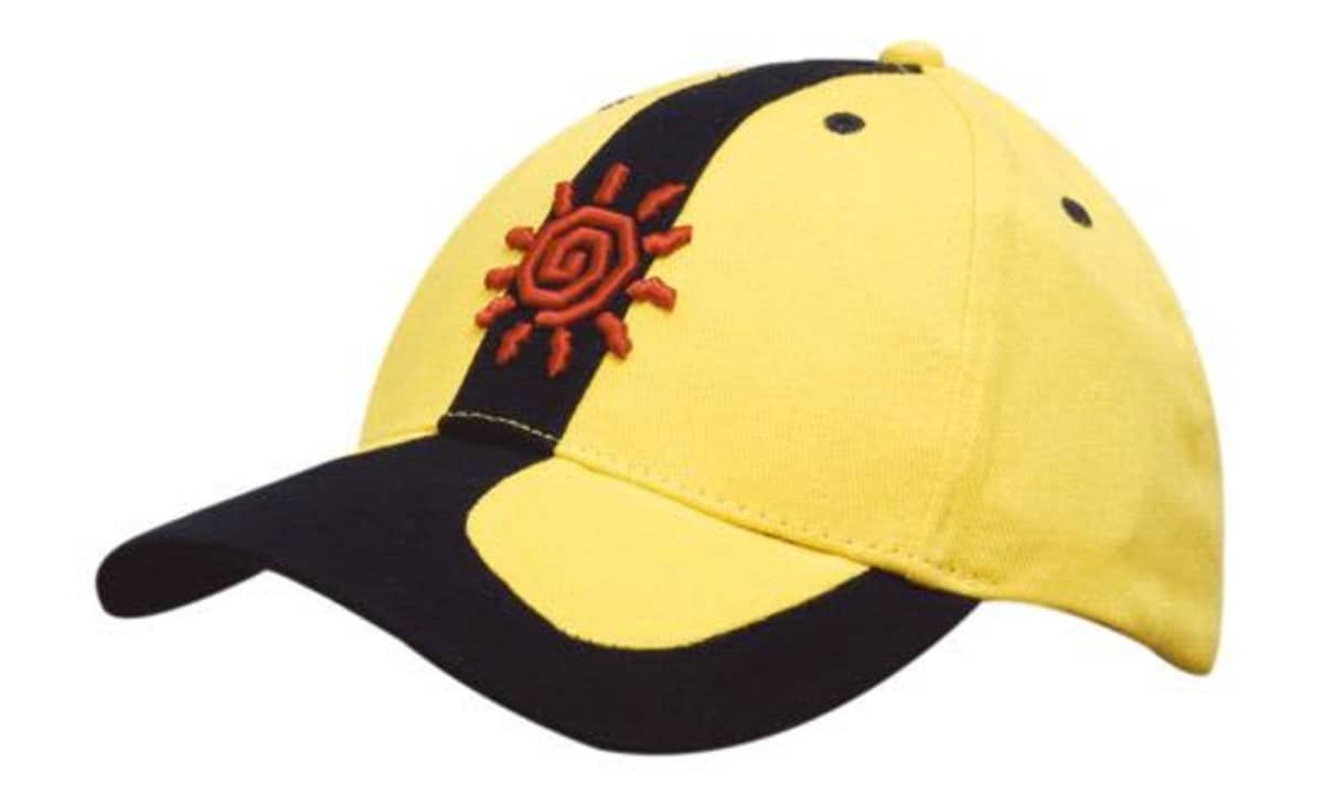 A yellow cap with a black peak and crown inserts, featuring a logo on the front.