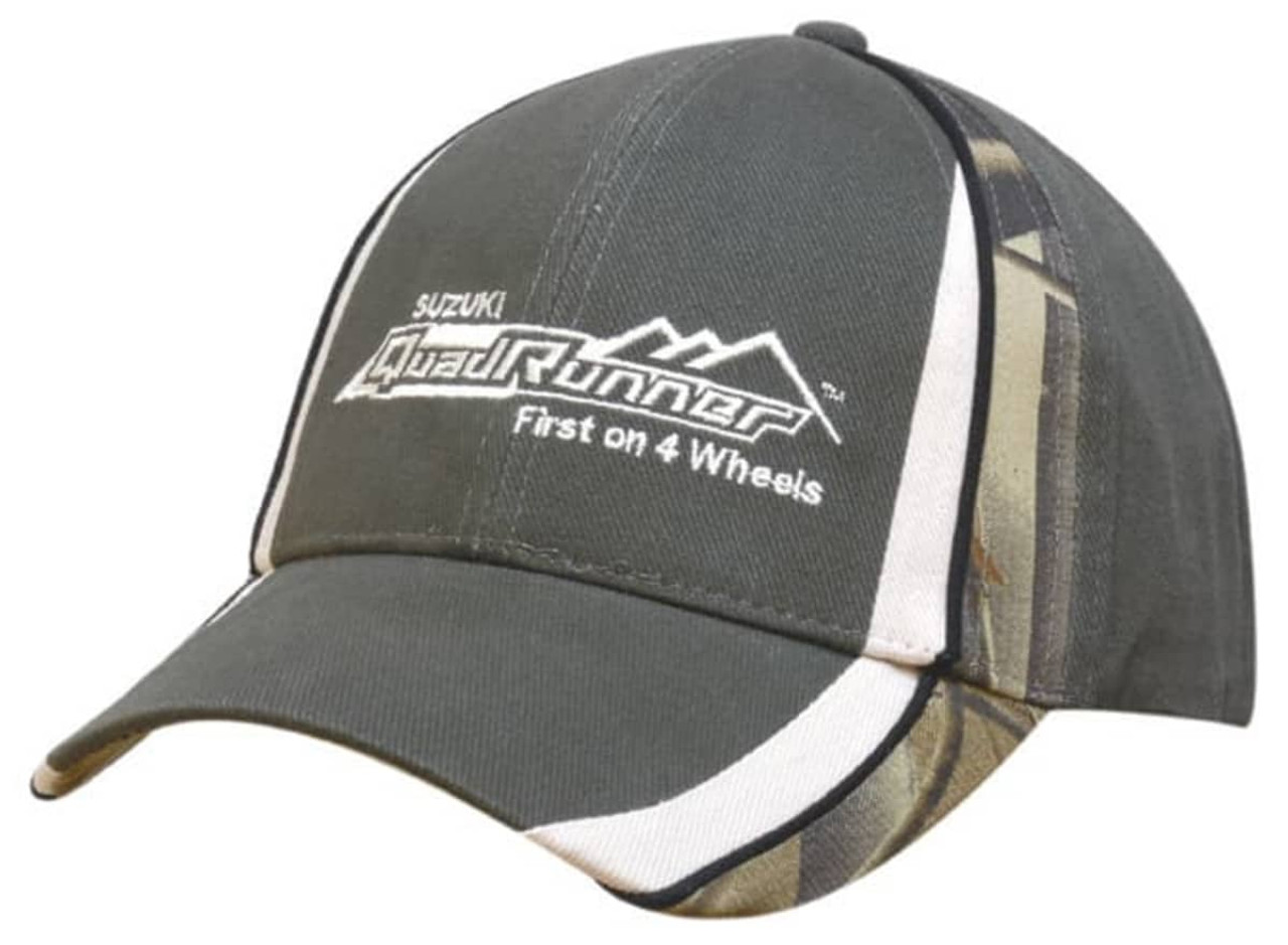 A green cap with camouflage peak and crown inserts, featuring a logo on the front.