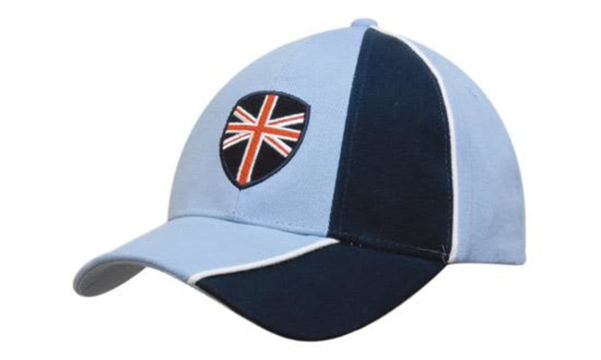 A blue and navy cap with a contrasting piping and a shield logo featuring a flag.