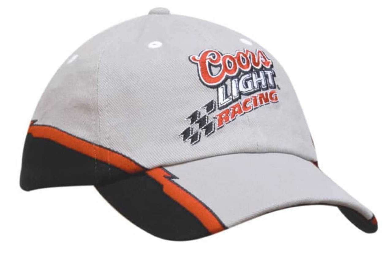 A grey cap featuring contrasting black and orange trim, with a logo and flash embroidery. A grey cap featuring contrasting black and orange trim, with a logo and flash embroidery.