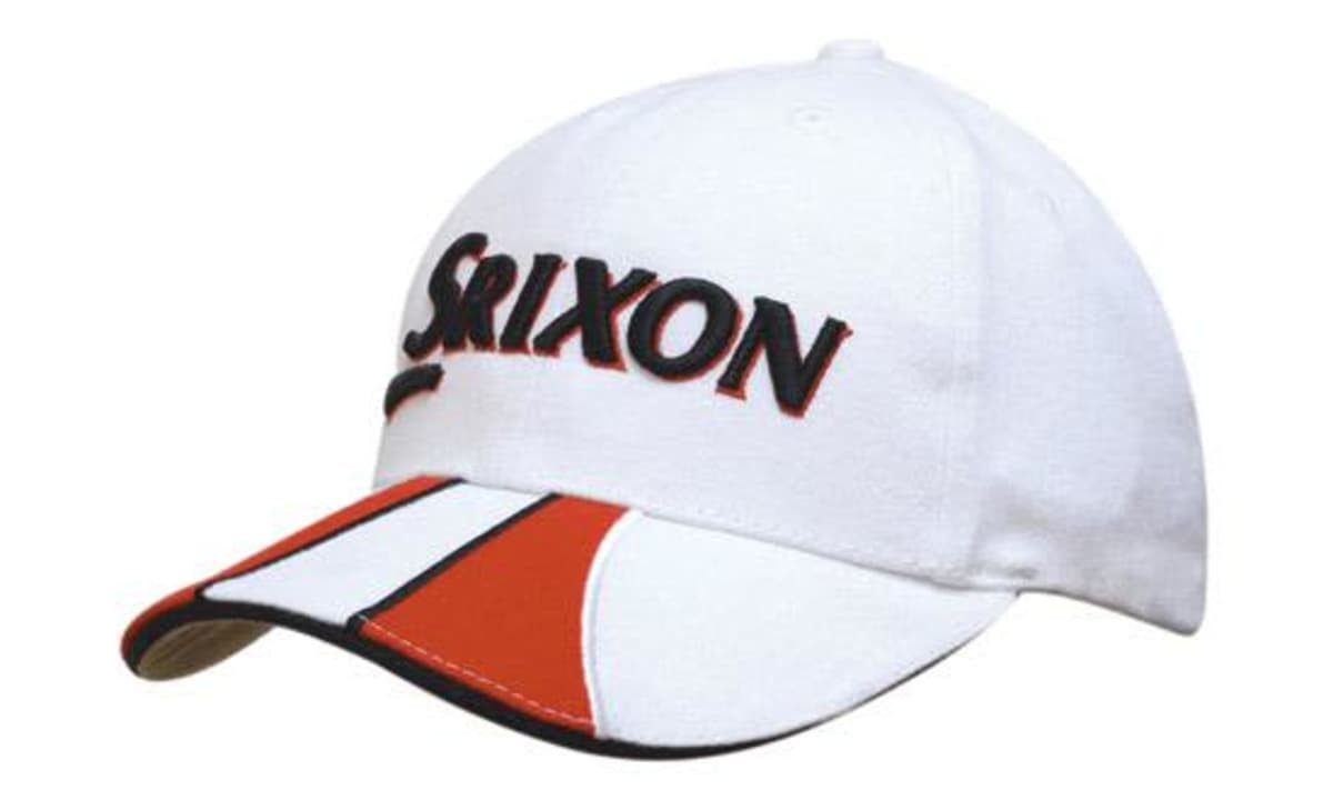 A white cap with red trim and a logo on the front, featuring a sandwich peak design.