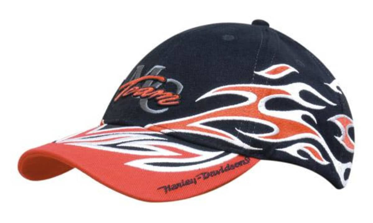 A cap featuring flame embroidery in navy blue, orange, and white, with a logo on the front.