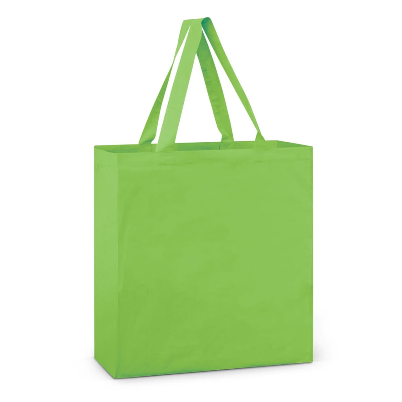A green cotton tote bag with two handles and no visible logos or branding.