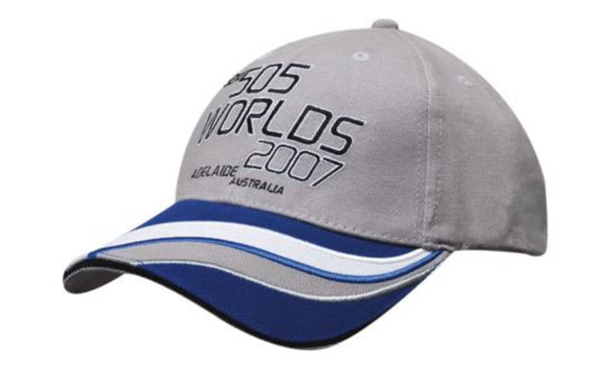 A grey cap with a blue brim featuring embroidered text and a logo.