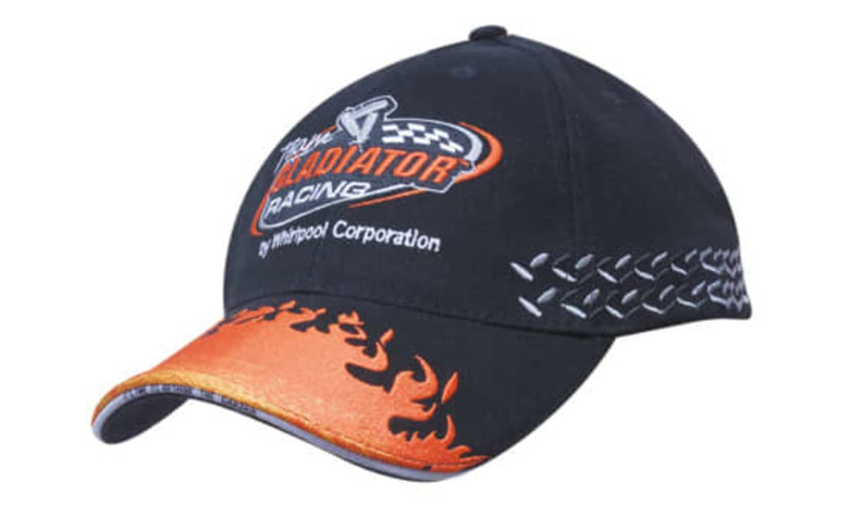 A black cap featuring flame embroidery on the peak and side, with an embroidered logo on the front.