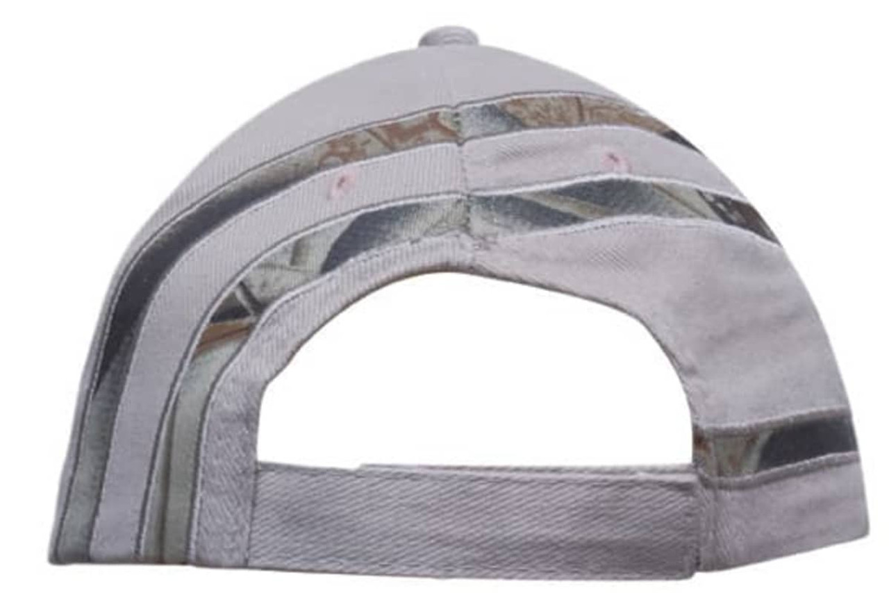 A cap with a brushed heavy cotton material, featuring camouflage inserts in shades of grey and green.