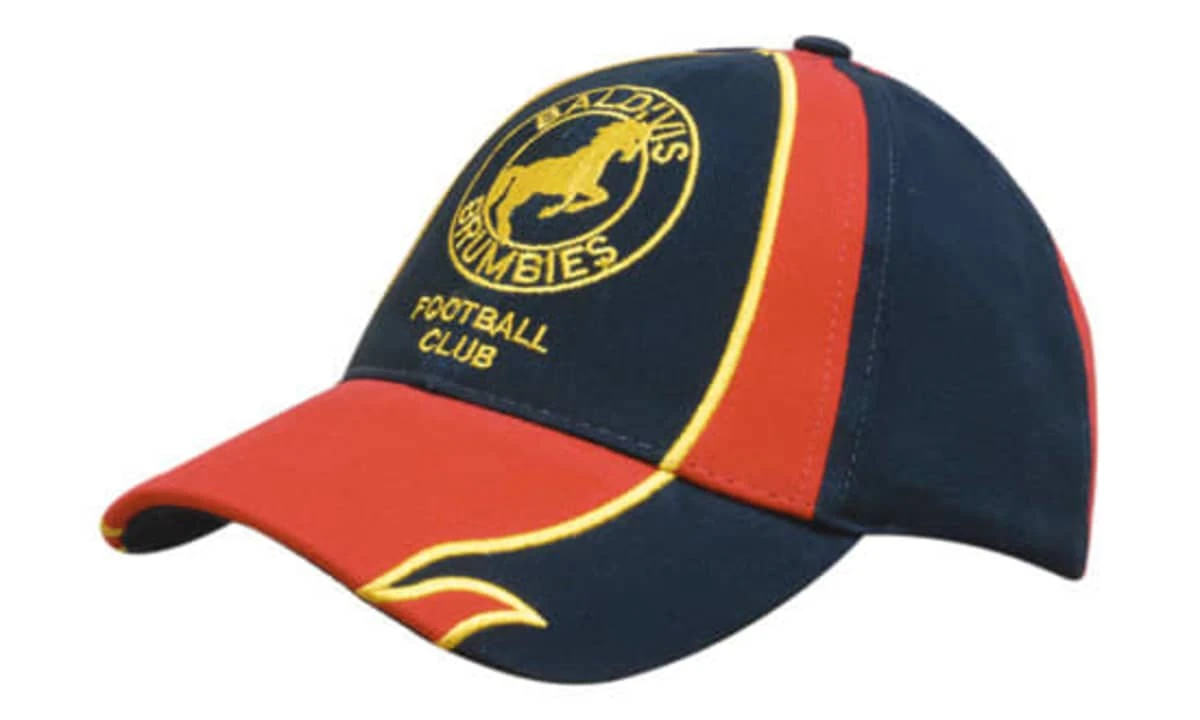 A navy and red cap with embroidered edges and a logo, featuring a curved peak and crown design.