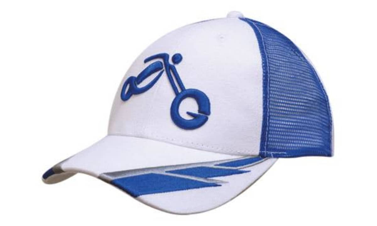A cap featuring a white front with blue mesh, embroidered design, and bill detailing in blue.