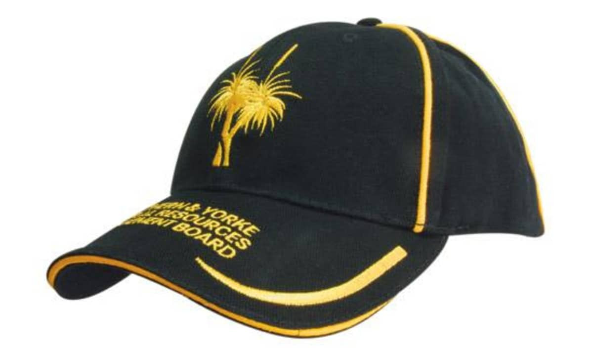 A black cap with embroidered lines on the peak and crown, featuring a logo and yellow piping.