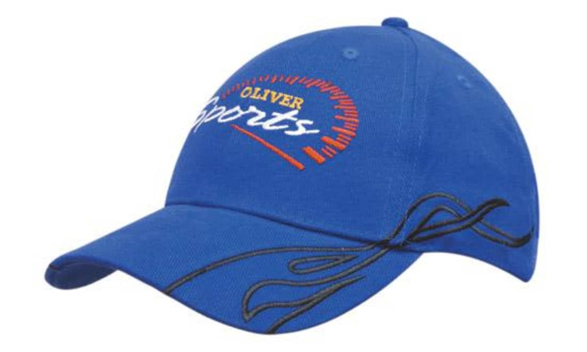 A blue cap featuring swirl embroidery and a logo on the front. It has a curved brim and a casual design.