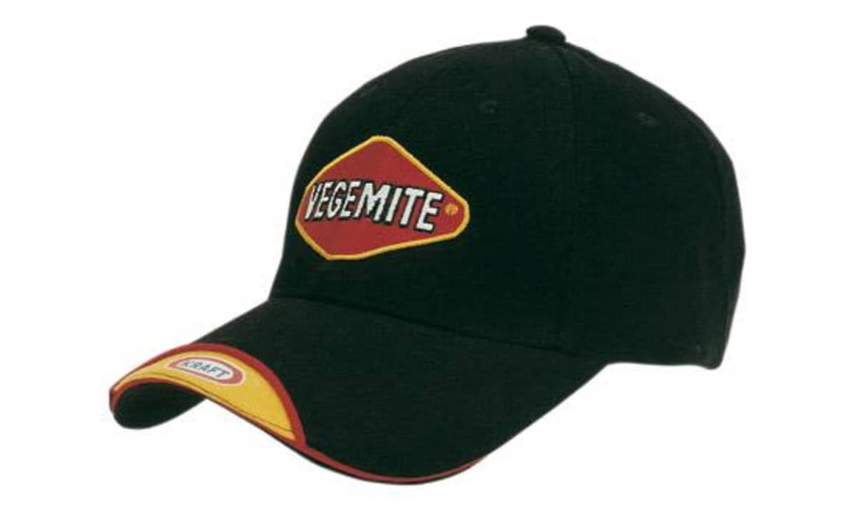 A black cap with a sandwich peak, featuring a logo and contrasting red and yellow accents.