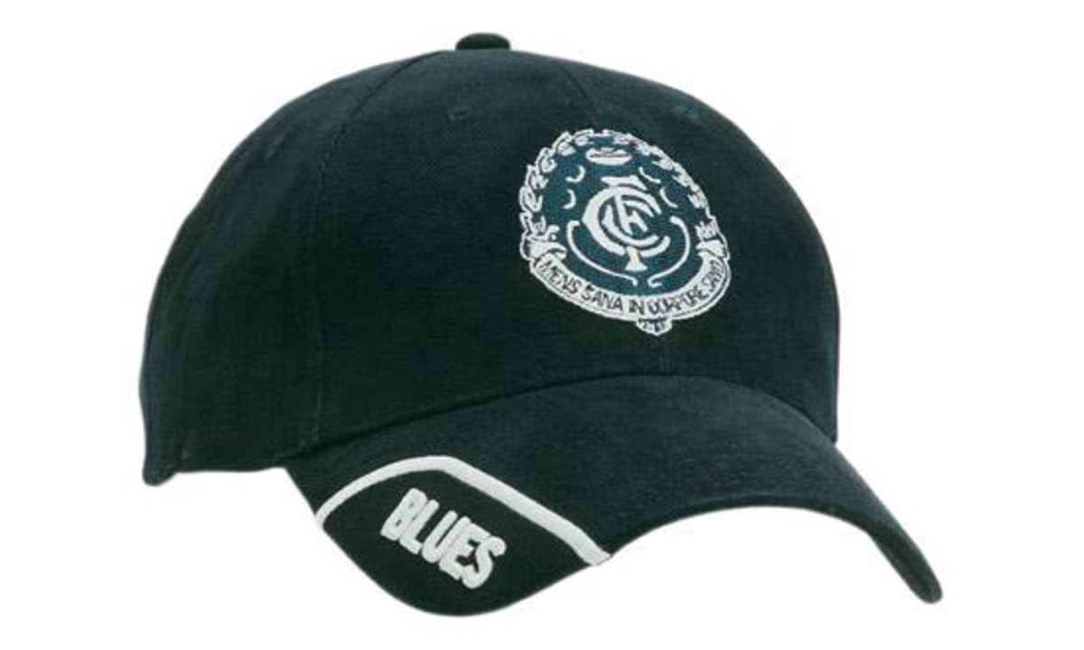 A dark blue cap with a trimmed peak insert and a logo on the front. The cap features a white trim.