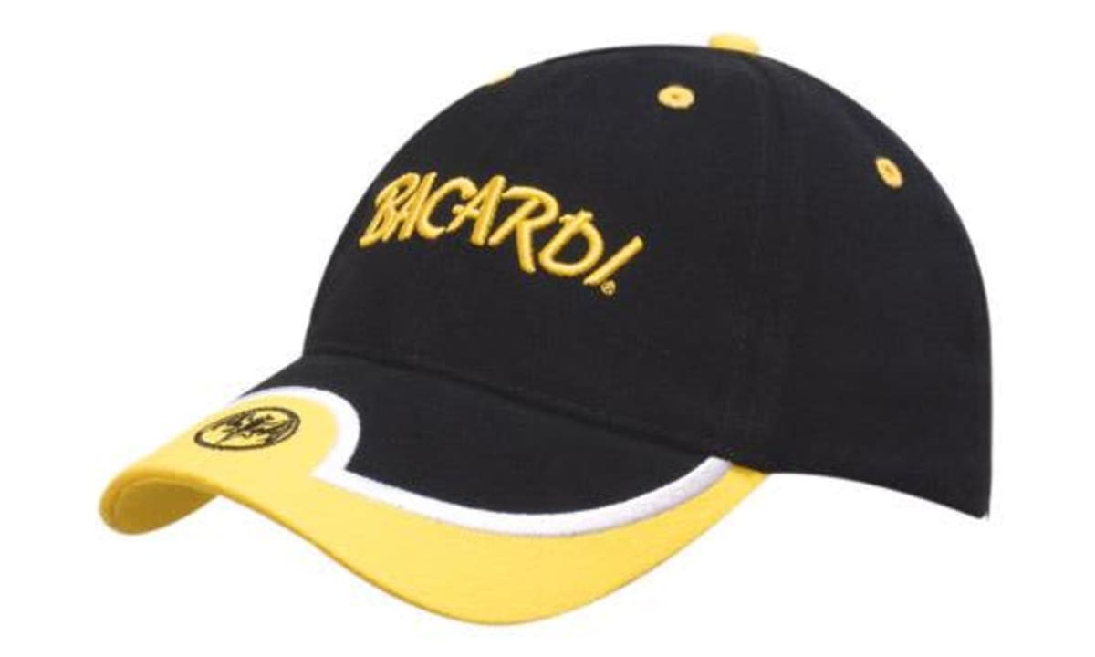 A black cap with a yellow embroidered logo, featuring a peak trimmed insert and contrasting white accents.