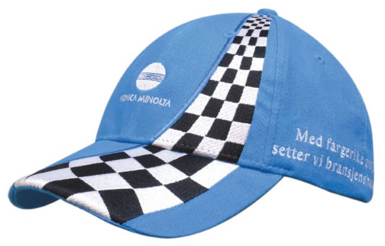 A blue cap with inserted checkered black and white panels, featuring a logo on the front.