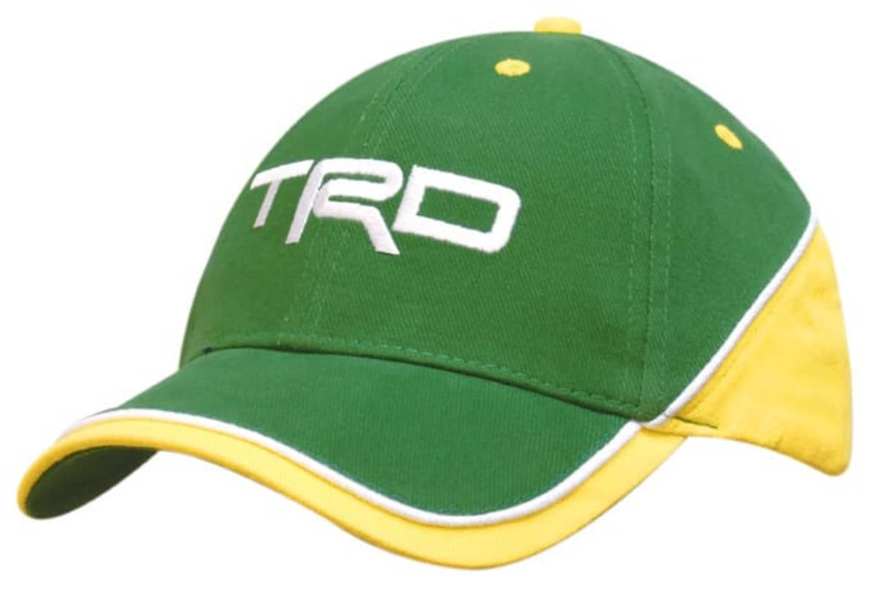 A green and yellow cap featuring contrasting panels and piping, with a logo on the front. A green and yellow cap featuring contrasting panels and piping, with a logo on the front.