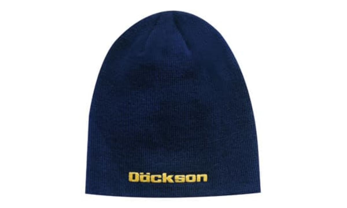 A navy acrylic beanie with a logo on the front, featuring a snug, roll down design.