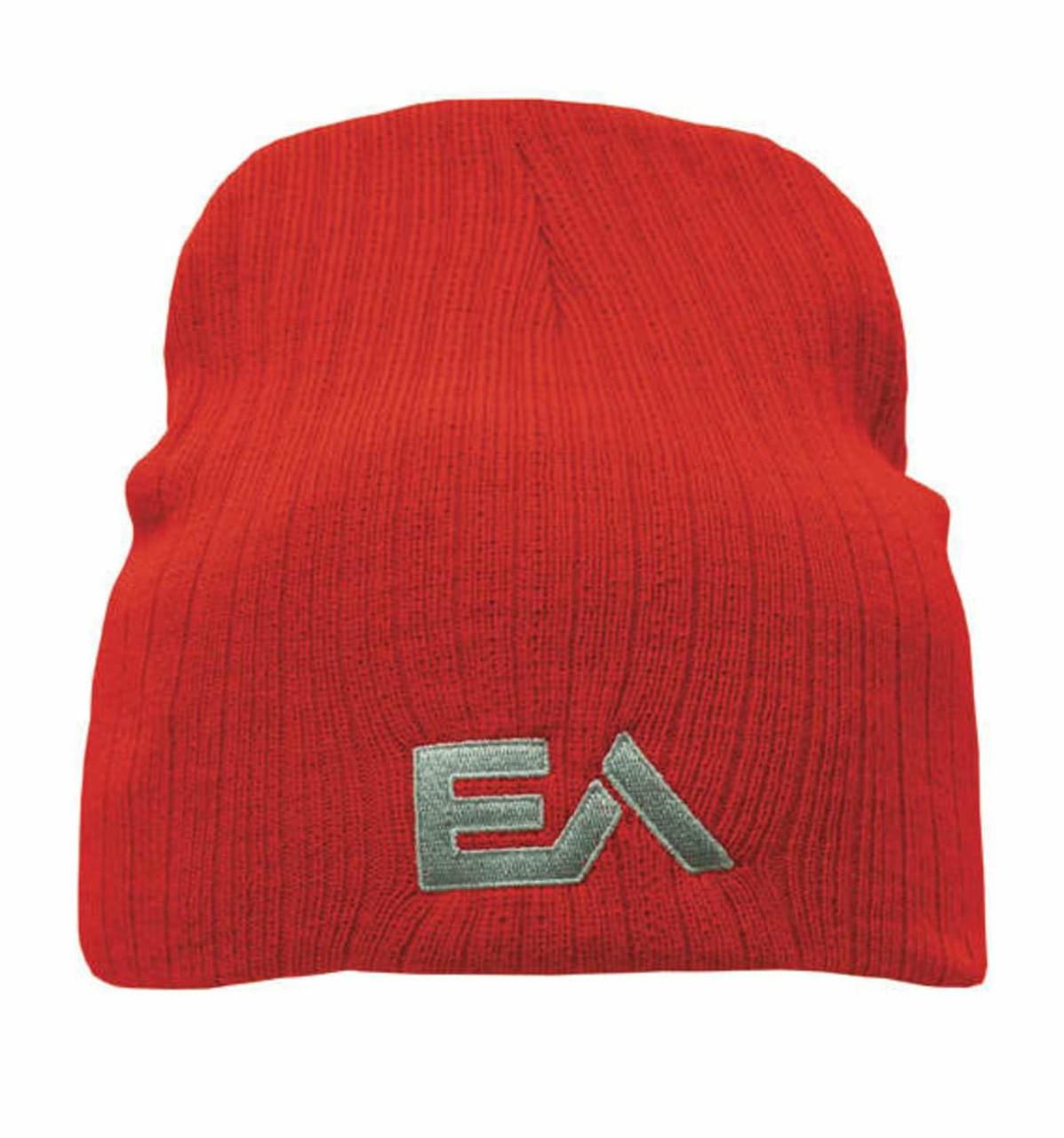A deep red cable knit beanie featuring a logo on the front. Suitable for a wide fit.
